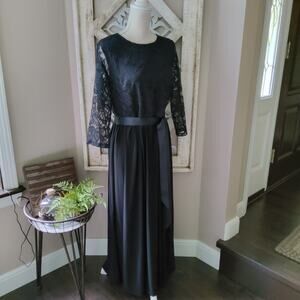 Ellen Weaver Women's Lace Top Overlay Ribbon Belt Maxi Dress in Black